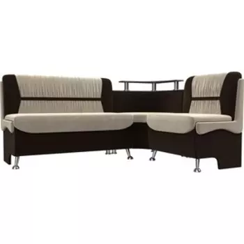 Кухонный угловой диван АртМебель Сидней микровельвет бежевый/коричневый правый угол