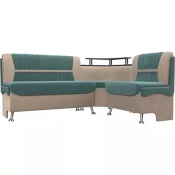 Кухонный угловой диван АртМебель Сидней велюр бирюза/бежевый правый угол