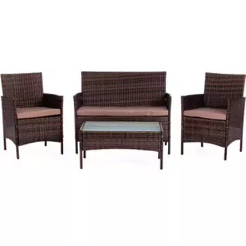 Лаундж сет (диван+2кресла+столик+подушки) TetChair mod. 210013 А пластиковый ротанг, темно-коричневый, ткань DB-18 серый