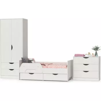 Модульная система для детской Моби Уна 11.22 Кровать с ящиками + 13.304.01 Комод + 13.327 Шкаф для одежды, цвет белый(структура Поры дерева), 80х160 ,б/м, осн есть