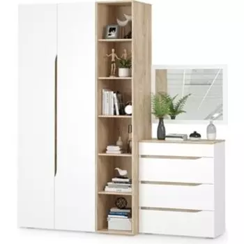 Набор шкафов Моби Муссон с зеркалом, корпус белый, фасад дуб эндгрейн элегантный (13.198+13.349+13.97)