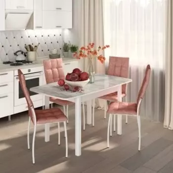 Обеденный комплект Бител Флорида СМ-2 стол ножки массив прямые белые, четыре стула Волна белый/коралл (BTL10000594)