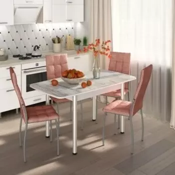 Обеденный комплект Бител Флорида стол СМ-2 ножки сталь прямые белые/серебро, четыре стула Волна серебро/Коралл (BTL10000550)