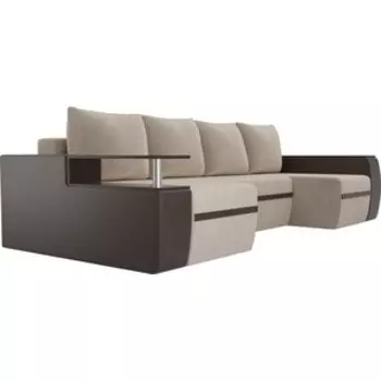 П-образный диван АртМебель Ричмонд велюр бежевый экокожа коричневый