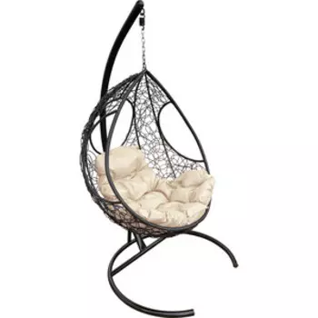 Подвесное кресло Планета про Долька с ротангом черное, бежевая подушка (11150401)
