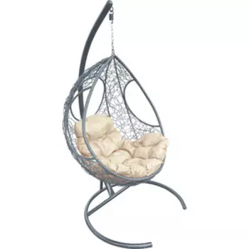 Подвесное кресло Планета про Долька с ротангом серое, бежевая подушка (11150301)