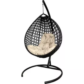 Подвесное кресло Планета про Капля Люкс с ротангом черное, бежевая подушка (11030401)