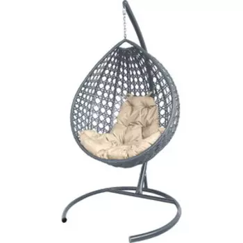 Подвесное кресло Планета про Капля Люкс с ротангом серое, бежевая подушка (11030301)