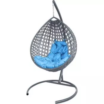 Подвесное кресло Планета про Капля Люкс с ротангом серое, голубая подушка (11030303)