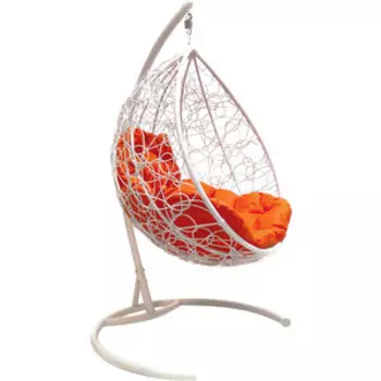 Подвесное кресло Планета про Капля с ротангом белое, оранжевая подушка (11020107)