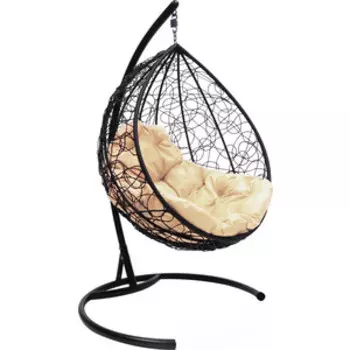 Подвесное кресло Планета про Капля с ротангом черное, бежевая подушка (11020401)
