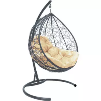 Подвесное кресло Планета про Капля с ротангом серое, бежевая подушка (11020301)