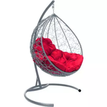 Подвесное кресло Планета про Капля с ротангом серое, красная подушка (11020306)