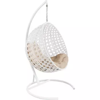 Подвесное кресло Планета про Круг Люкс с ротангом белое, бежевая подушка (11060101)