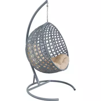 Подвесное кресло Планета про Круг Люкс с ротангом серое, бежевая подушка (11060301)