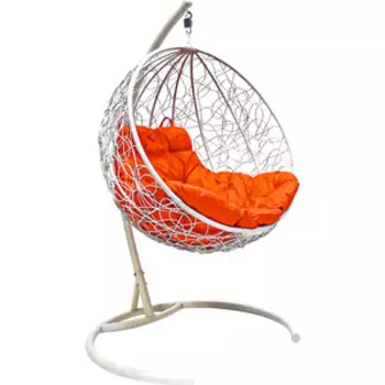 Подвесное кресло Планета про Круг с ротангом белое, оранжевая подушка (11050107)