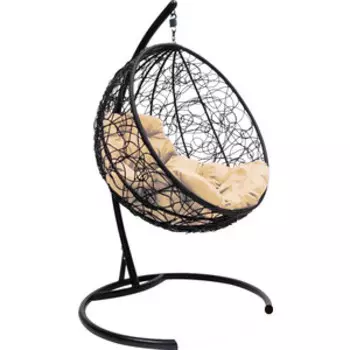Подвесное кресло Планета про Круг с ротангом черное, бежевая подушка (11050401)