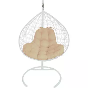 Подвесное кресло Планета про XL с ротангом белое, бежевая подушка (11120101)