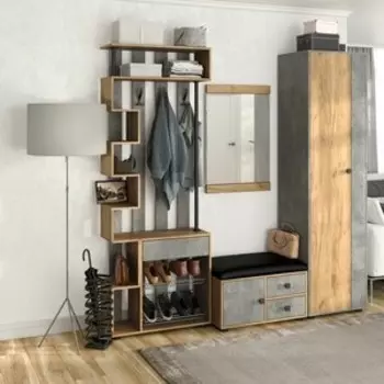 Прихожая Бител Мини Лайт №3 МЛ-1+МЛ-6+МЛ-2+МЛ-5 дуб золотой крафт/ателье светлое, обивка С.-118 (BTL10000475)