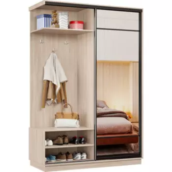 Прихожая левая Классика 01 (каркас ясень шимо светлый, фасад 10 зеркало) профиль черный муар Пр.л.01.2200.1200.450.10.01.00.07