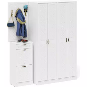 Прихожая Мебельный двор П-6 Компоновка № 15 белая шагрень/фасады МДФ белое дерево фрезеровка ромб (1024870)