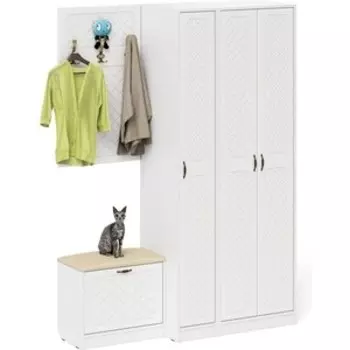 Прихожая Мебельный двор П-6 Компоновка № 47, цвет белая шагрень/фасады МДФ белое дерево фрезеровка ромб (1028166)