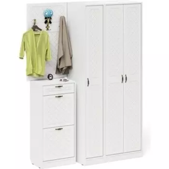 Прихожая Мебельный двор П-6 Компоновка № 50, цвет белая шагрень/фасады МДФ белое дерево фрезеровка ромб (1028169)