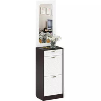 Прихожая Мебельный двор П-6 Тумба для обуви 2 секции + Зеркало, цвет венге/фасады МДФ белое дерево фрезеровка ромб (1024940)