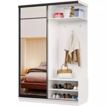 Прихожая правая Классика 01 (каркас белый, фасад 10 зеркало) профиль черный муар Пр.п.01.2200.1200.450.10.07.00.07