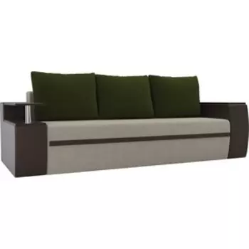 Прямой диван АртМебель Ричмонд микровельвет бежевый/экокожа коричневый подушки микровельвет зеленый