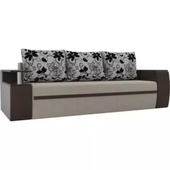 Прямой диван АртМебель Ричмонд микровельвет бежевый/экокожа коричневый подушки рогожка на флоке