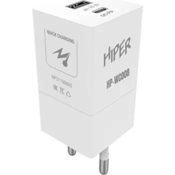 Сетевое зарядное устройство (СЗУ) Hiper HP-WC008 3A+2.5A PD+QC универсальное белый