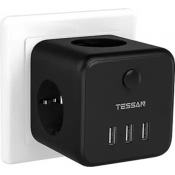 Сетевой фильтр TESSAN TS-301-DE с кнопкой питания на 3 розетки и 3 USB, Black