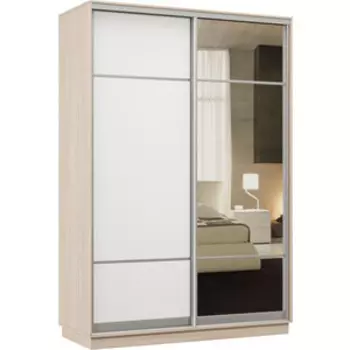 Шкаф-купе Классика 04 (каркас ясень шимо светлый,фасады 08,11 белый) профиль серебро Л04.2400.1200.600.(08.11).01.(07.00).01