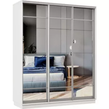 Шкаф-купе Классика 10 (каркас белый, фасады 10/10/10 зеркало) профиль серебро 10.2200.1500.600.(10.10.10).07.(00.00.00).01