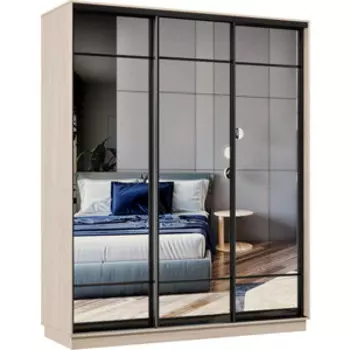 Шкаф-купе Классика 10 (каркас ясень шимо светлый, фасады 10/10/10 зеркало) профиль черный муар 10.2200.1500.600.(10.10.10).01.(00.00.00).07