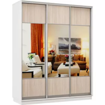 Шкаф-купе Классика 22 (каркас белый,фасады 05,05,05 ясень шимо светлый) профиль серебро Л22.2200.1800.600.(05.05.05).07.(01.01.01).01