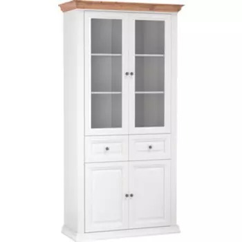 Шкаф-витрина ОЛМЕКО 70.02 Атланта (со стеклом) (белый/пленка: Masa Decor белый/профиль: Masa Decor белый/карниз: Masa Decor дуб вотан)