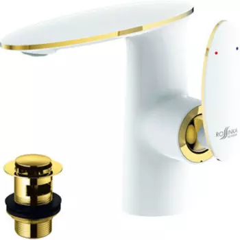 Смеситель для раковины Rossinka Silvermix с донным клапаном, белый\золото (RS30-11W)