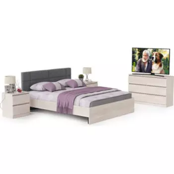 Спальня Моби Ника № 4, цвет ясень анкор светлый, с ортопедическим основанием, 1600х2000 мм.