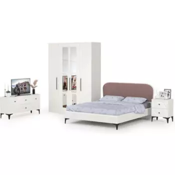 Спальня Моби Валенсия № 44, цвет ЛДСП белый шагрень/МДФ белый шагрень/ткань велутто 19, ортопед есть, 160х200 (1025188)