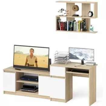 Стол компьютерный СВК Мори МС-1 левый + Тумба МТВ1200.1 + Полка 900, цвет дуб сонома/белый (1027151)