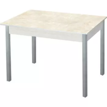 Стол обеденный Катрин Альфа с фотопечатью, дуб молочный, бежевый мрамор, опора квадро серебристый металлик