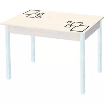 Стол обеденный Катрин Альфа с фотопечатью, дуб молочный, квадраты на бежевом, опора квадро белый муар