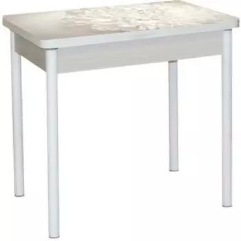 Стол обеденный Катрин БРОНКС поворотно раскладной, с фотопечатью, дуб молочный, цветы 019, опора круглая муар белый