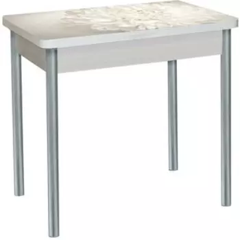 Стол обеденный Катрин БРОНКС поворотно раскладной, с фотопечатью, дуб молочный, цветы 019, опора круглая серебристый металлик