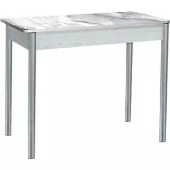 Стол обеденный Катрин Нью йорк раздвижной, с фотопечатью, бетон белый, белый мрамор, опора круглая серебристый металлик