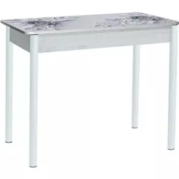 Стол обеденный Катрин Нью-Йорк раздвижной, с фотопечатью, бетон белый, цветы на сером, опора круглая муар белый