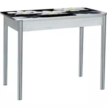 Стол обеденный Катрин Нью-йорк раздвижной, с фотопечатью, бетон белый, орхидея на черных камнях, опора круглая серебристый металлик