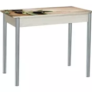 Стол обеденный Катрин Нью-Йорк раздвижной, с фотопечатью, дуб молочный, маслины, опора круглая серебристый металлик